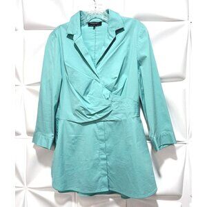 Lafayette 148 Sz 6 Blue-Green Stretch Poplin Ruched Pleat Tunic Shirt s Women